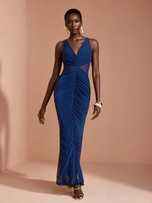 JIAN LASALA Mesh V Neckline Ruched Cutout Sleeveless Elegant Long Dress Vacation Party - Blue - View 5