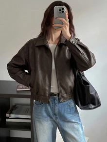 DAZY 春季新款做舊皮革短夾克 情人節女款標準版夾克 - 棕色 - 查看 3