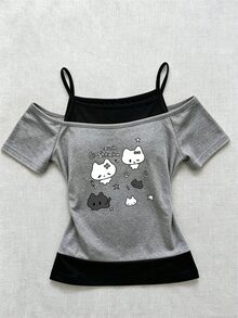 SHEIN Sparklyn 女童休閒動物圖案印花假兩件式單肩細肩帶短袖T恤上衣，舒適春秋日常穿著 - 彩色 - 查看 3