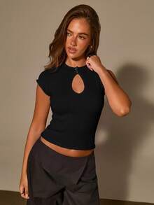 Athîral Women's Solid Color Raglan Sleeve Casual Hollow Knit Top - Black - View 5