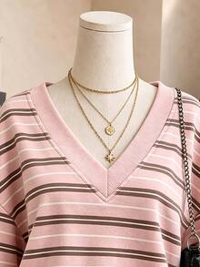 Lalippa Plus Size Women V-Neck Striped Colorblock Casual Everyday Sweatshirt - Multicolor - View 4