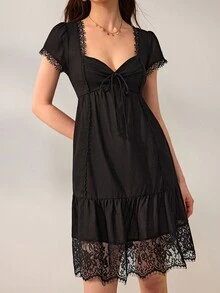 Willow Rêve Women's Black High Waist Ruffle Hem Chiffon Dress, Lace Patchwork With Tie Front, Solid Color Pastoral Romantic Bohemian Style, Suitable For Summer Vacation, Party, Wedding - Black - View 6