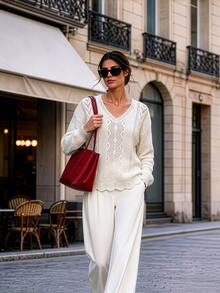 Wandoria Women's Autumn New Single Piece V-Neck Loose Regular Fit Solid Color Perforated Design Versatile Fashion Commute Daily Elegant Knit Pullover Long Sleeve Sweater - Beige - View 1