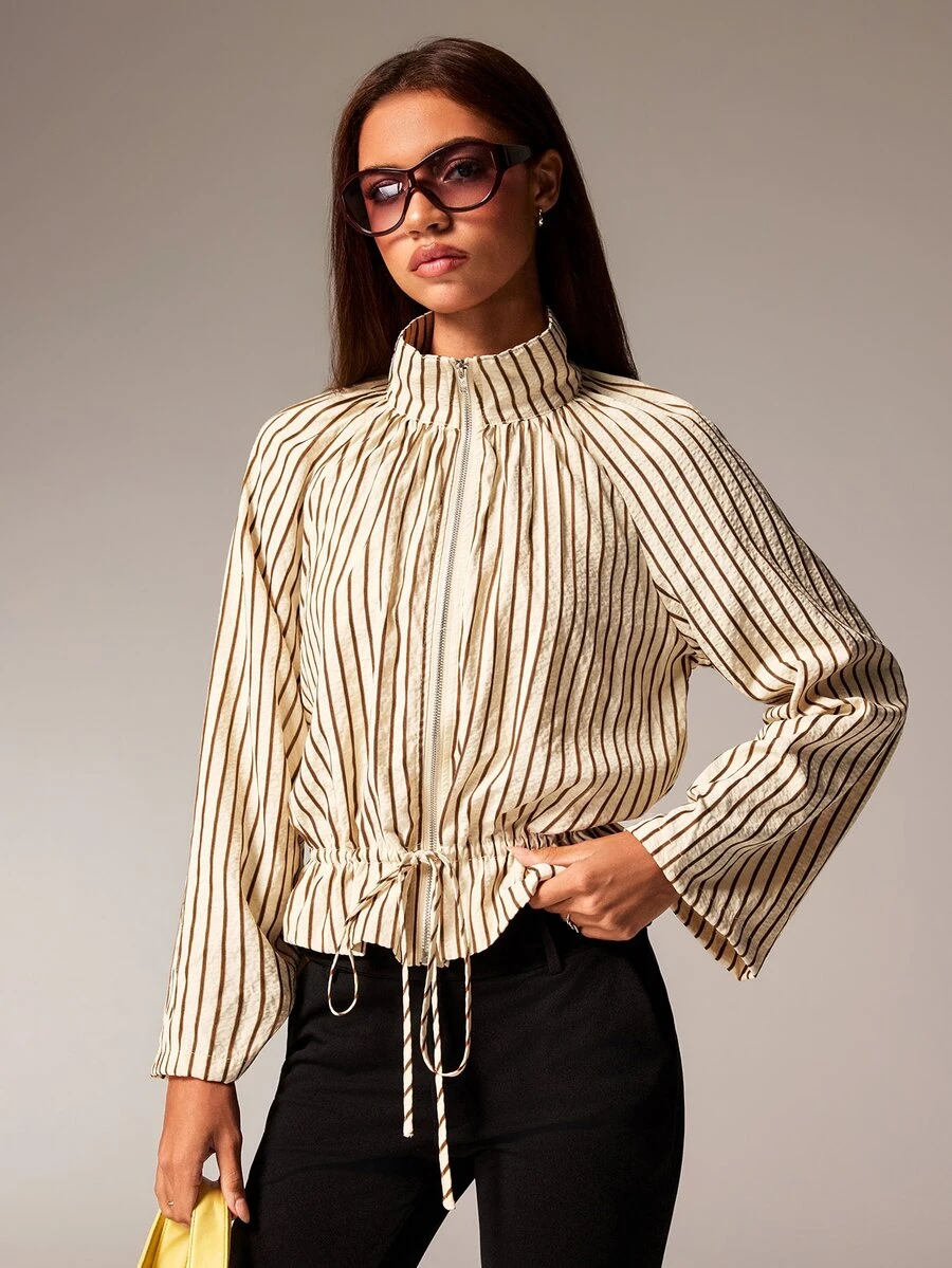 Athîral Women's Autumn Casual Striped Drawstring Waist Jacket - Apricot - View 1