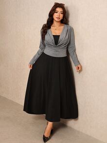 Elaquor Plus Size Women Solid Color Dress And Cowl Neck Long Sleeve Top Casual 2 Pieces Set - Black - View 6