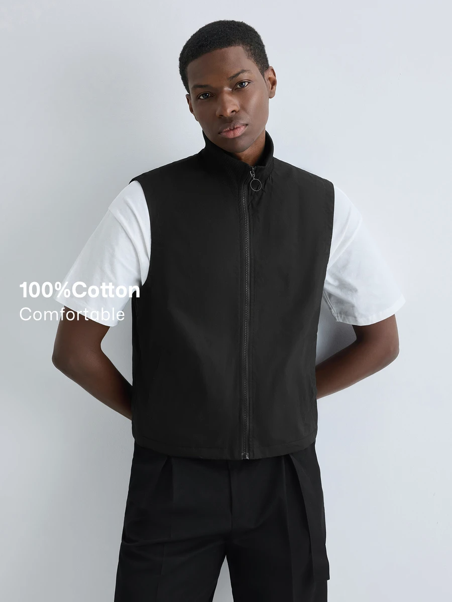 Merionis Men's Solid Color Zipper Front Casual Vest - Black - View 1