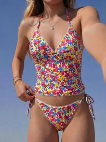 Swim Mod 夏季甜美櫻桃格紋比基尼背心套裝 - 彩色 - 查看 7