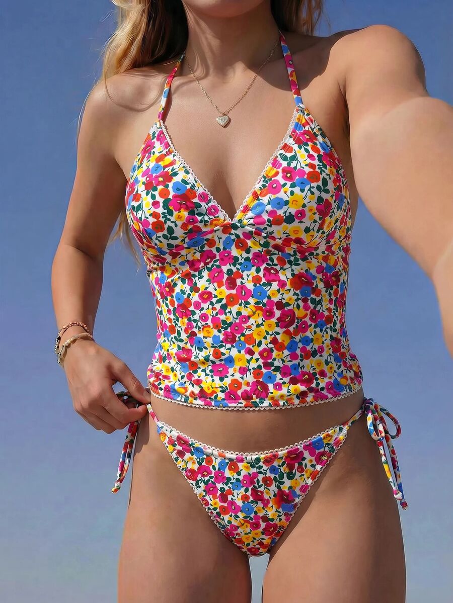 Swim Mod Summer Sweet Cherry Plaid Tank Bikini Set - Multicolor - View 1