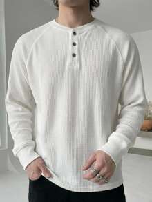 DAZY Men's Textured Fabric Solid Color Basic Half-Button T-Shirt, Spring/Autumn - White - View 4