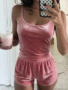 Franclia 女款休閒度假細肩帶上衣與短褲兩件套 - 粉色 - 查看 6