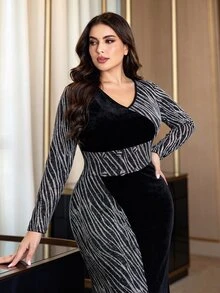 Modelyn Gold & Silver Metallic Zebra Print Patchwork Velvet Fitted Bodycon Long Sleeve Elegant Plus Size Women's Dress, Suitable For Date & Party Occasions - Multicolor - View 7