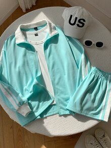 Comfortcana Fall Back To School Preppy Campus Zip Up Stand Collar Side Stripe Mint Green White 3 Pieces Athleisur - Mint Green - View 4