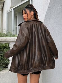 Muchica Plus Size Distressed PU Leather Loose Jacket - Coffee Brown - View 2