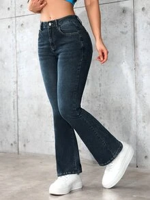 SHEIN PETITE 女款修身休閒百搭喇叭褲牛仔褲，附口袋 - 深色水洗藍 - 查看 6