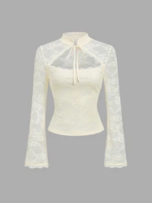 Sweetra New Lace Chinese Style Bell Sleeve Blouse, Small Stand Collar, Elegant And Sweet, Suitable For Casual Outfits - Apricot - View 3