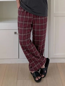 DAZY Spring/Autumn Burgundy Plaid Brushed Fabric Elastic Waist Long Pants Men's Loungewear Bottoms - Burgundy - View 7