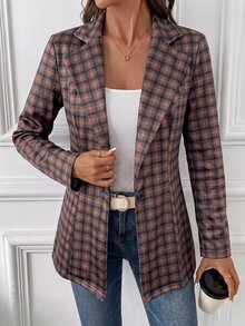 SHEIN Clasi 女款格紋翻領單扣休閒西裝外套 - 彩色 - 查看 4