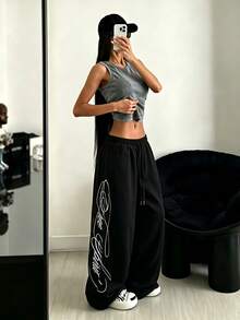 StreetHx Women's Letter Print Drawstring Waist Casual Wide Leg Pants - Black - View 1