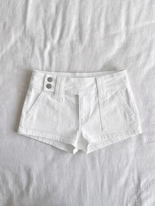 Attitoon 女款時尚超低腰性感牛仔短褲，附口袋牛仔短褲 - 白色 - 查看 5