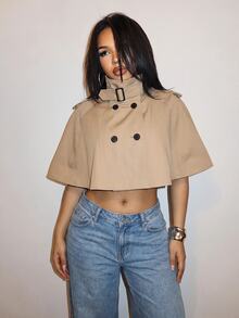 Slaydiva Khaki Cropped Cape Trench Coat | Vintage Short Poncho Jacket-Z - Khaki - View 7