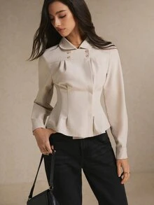 Poéselle Women's Solid Color Double-Breasted Long Sleeve Waist-Cinching Blouse - Apricot - View 7