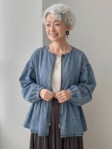 FRIFUL Jaket Denim Kasual Wanita Paruh Baya, Leher Bulat, Bahu Longgar, Lengan Panjang, Resleting Depan, Hem Berumbai, Musim Gugur - Biru - View 7