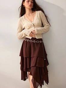 Willow Rêve Women's Brown Chiffon A-Line Asymmetrical Multi-Layer Ruffle Skirt, Solid Color Design, Layered Ruffle Craftsmanship, Fashionable Elegant Romantic Bohemian Style, Suitable For Summer Vacation, Party And Travel Outfits - Brown - View 7
