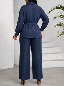 SHEIN Lady طقم نسائي كاجوال من قطعتين بلون موحد، قميص بأكمام طويلة وأزرار أمامية وبنطال - الأزرق - مشاهدة 2