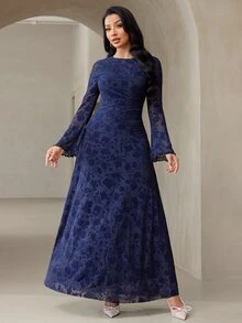 Veilorie Women's Round Neck Bell Sleeve Elegant Party Occasion Long Dress - Navy Blue - View 1