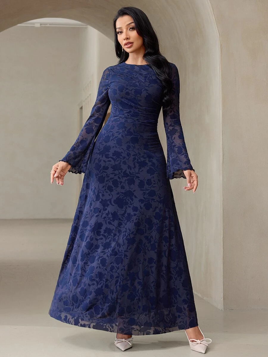 Veilorie Women's Round Neck Bell Sleeve Elegant Party Occasion Long Dress - Navy Blue - View 1
