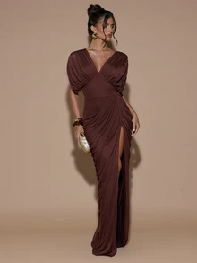 SHEIN BAE Gaun Musim Gugur Musim Dingin Cokelat Leher V Dalam Lengan Mengembang Berkerut Belahan Ramping untuk Pesta Makan Malam Thanksgiving - Purple - View 3