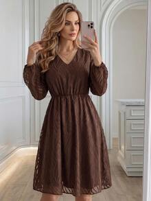 Medorina Women's Textured V-Neck Long Sleeve Elegant Dress - Brown - View 6