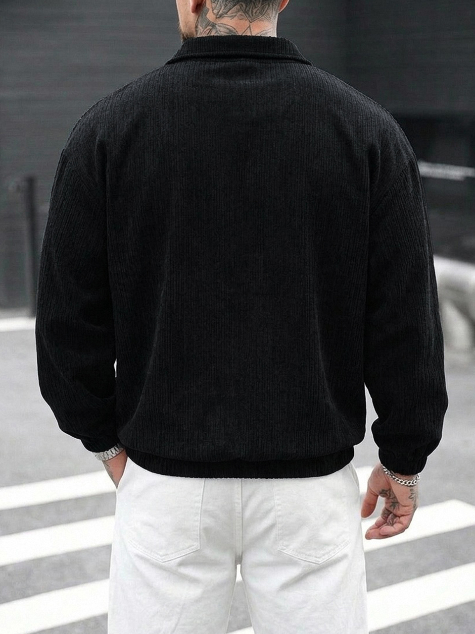 Men's Vertical Textured Half-Zip High Neck Sweatshirt, Small Logo Loose Fit Hem Long Sleeve Top