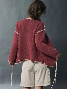 Bohemela Women's Colorblock Front Tie Drop Shoulder Long Sleeve Knit Cardigan - Burgundy - View 7