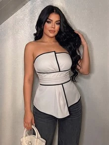 Vavine Black & White Contrast Trim Strapless Asymmetrical Hem Top - Apricot - View 1