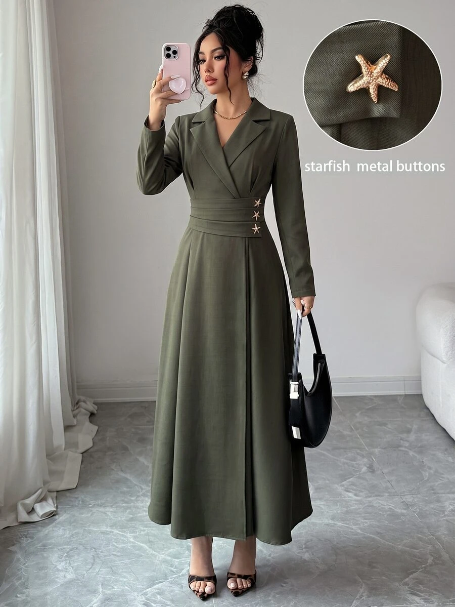 SHEIN Women's Olive Green Blazer Lapel Contrast Collar Ruched Waist With Star Metal Button Decor Cinched Waist Large A-Line Back Seam Long Sleeve Long Dress - Army Green - View 1