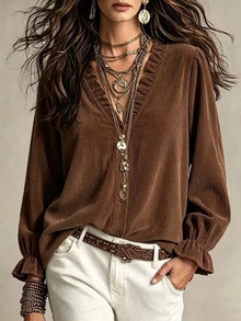 EMERY ROSE Women's Solid Color Frill Trim V-Neck Long Sleeve Casual Blouse - Coffee Brown - View 1