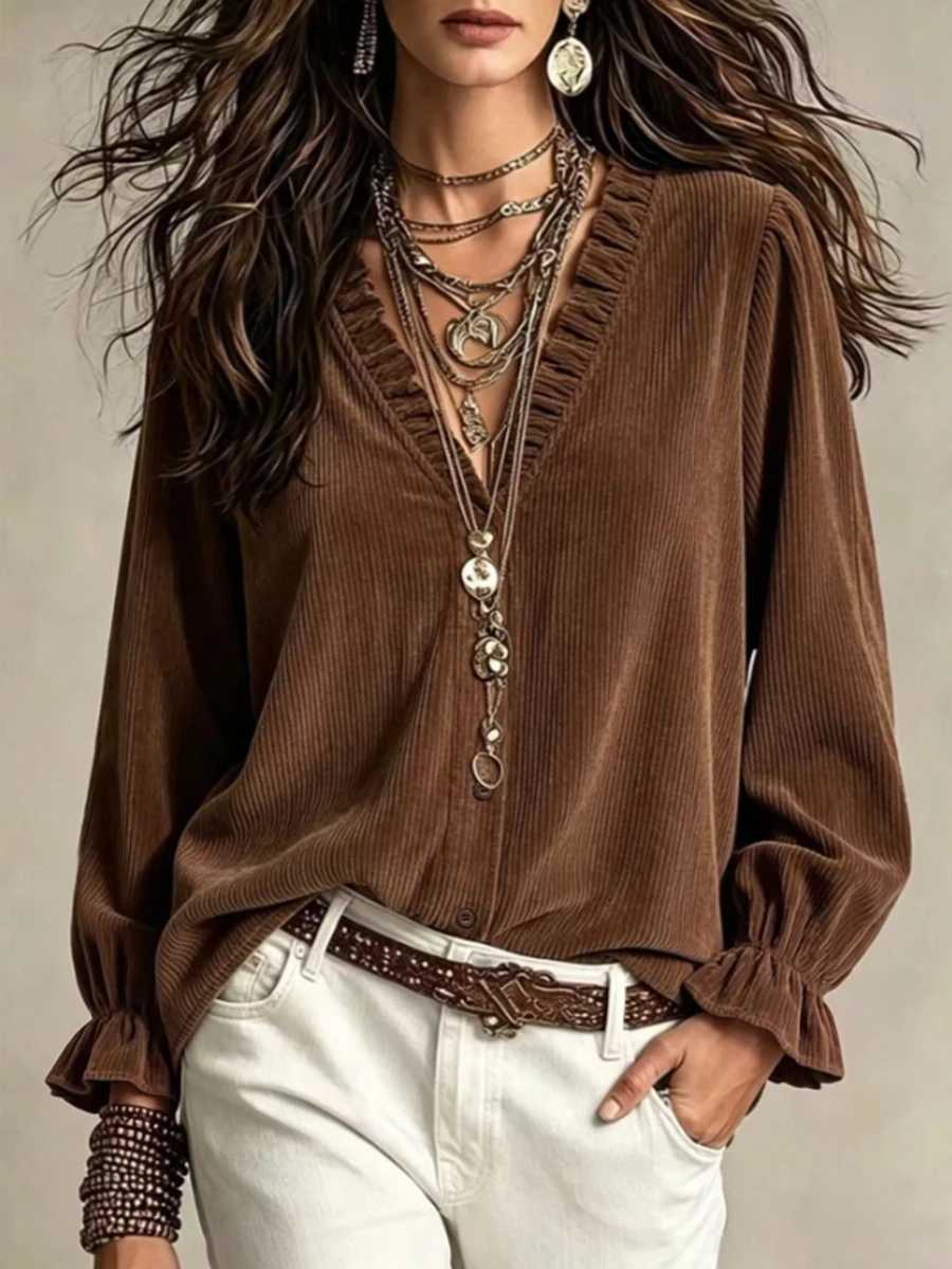EMERY ROSE Women's Solid Color Frill Trim V-Neck Long Sleeve Casual Blouse - Coffee Brown - View 1