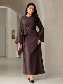 Veilorie Women's Solid Color Round Neck Long Sleeve Side Knot Long Dress - Coffee - View 5