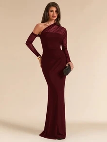 SHEIN BAE Spring/Summer Solid Black Asymmetrical Shoulder Ruched Fitted Maxi Fish Tail Mesh Dress For Women - Burgundy - View 1