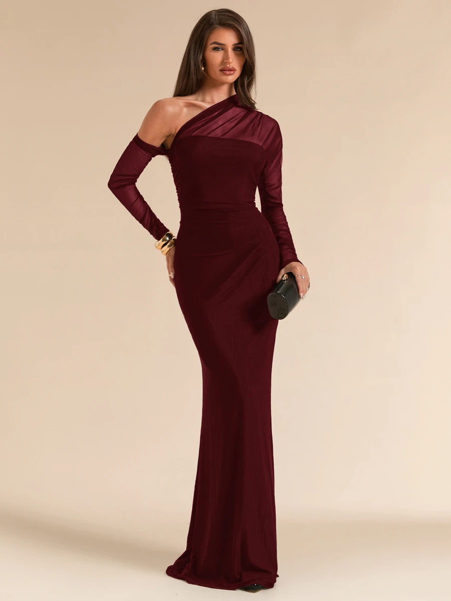 SHEIN BAE Spring/Summer Solid Black Asymmetrical Shoulder Ruched Fitted Maxi Fish Tail Mesh Dress For Women - Burgundy - View 1
