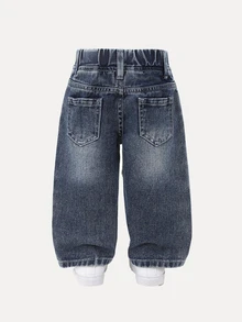 SHEIN 女嬰幼女小女孩 2025 秋冬新款寬腿牛仔褲，可愛愛心刺繡直筒牛仔褲，復古做舊黑色，刺繡愛心圖案，鬆緊腰設計，舒適純棉，適合上學/通勤 - 中等水洗藍 - 查看 2