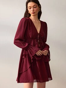 Willow Rêve Women's Burgundy High Waist Ruffle Hem Chiffon Dress, Multi-Tie Deep V Neckline, Solid Color Romantic Sweet & Spicy Bohemian Style, Suitable For Vacation, Date, Party Wear - Brown - View 4
