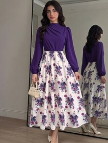 SHEIN 青少年女孩優雅花卉印花拼接長袖燈籠袖長洋裝，秋冬度假游牧風長裙 - 紫色 - 查看 1
