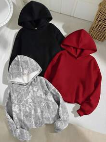 SHEIN 兒童 3件組 青少年女孩寬鬆休閒灰色與黑色葉子印花柔軟舒適連帽衫套裝 秋冬款 - 彩色 - 查看 1