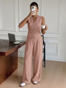 Serisse Women's Vest & Pants Suit Set - Dusty Pink - View 3