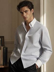 Manfinity Dauomo Men's Striped Long Sleeve Single-Breasted Casual Commute Shirt - Blue and White - View 6