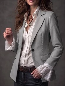 Solivie Jaket Blazer Wanita Elegan Kasual Profesional Musim Panas Bergaris, Serbaguna untuk Pakaian Sehari-hari, Atasan Kantor Kerja, Blus Serbaguna, Bergaris Hitam dan Putih - Hitam dan Putih - View 4