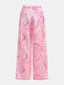 SHEIN 兒童青少年女孩秋冬休閒街頭時尚綁帶印花腰部口袋寬鬆寬腿褲，適合返校與日常穿著 - 粉色 - 查看 4