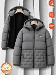 Teen Boys Quilted Ultrasonic Front Panel Patchwork Hooded Casual Padded Coat - Dark Grey - View 3